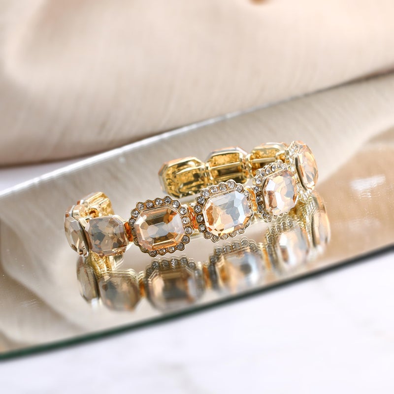 BriLove Large Statement Bangle Bracelet for Women Multi Emerald Cut Crystal Open Cuff Stretch Jewelry Champagne - Image 4